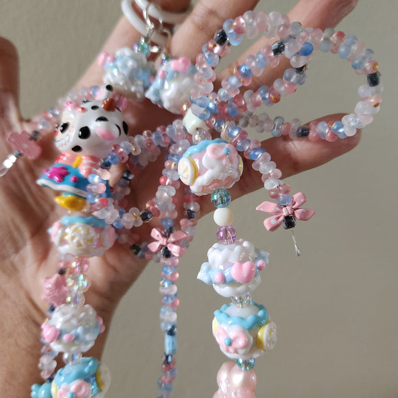 Handpainted cow Labubu beaded purse charm/ keychain